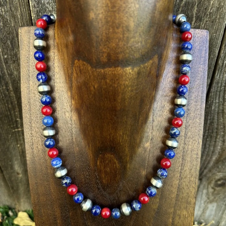 Sterling Silver Lapis Coral Round W Pearls Bead Necklace. 18 Inch